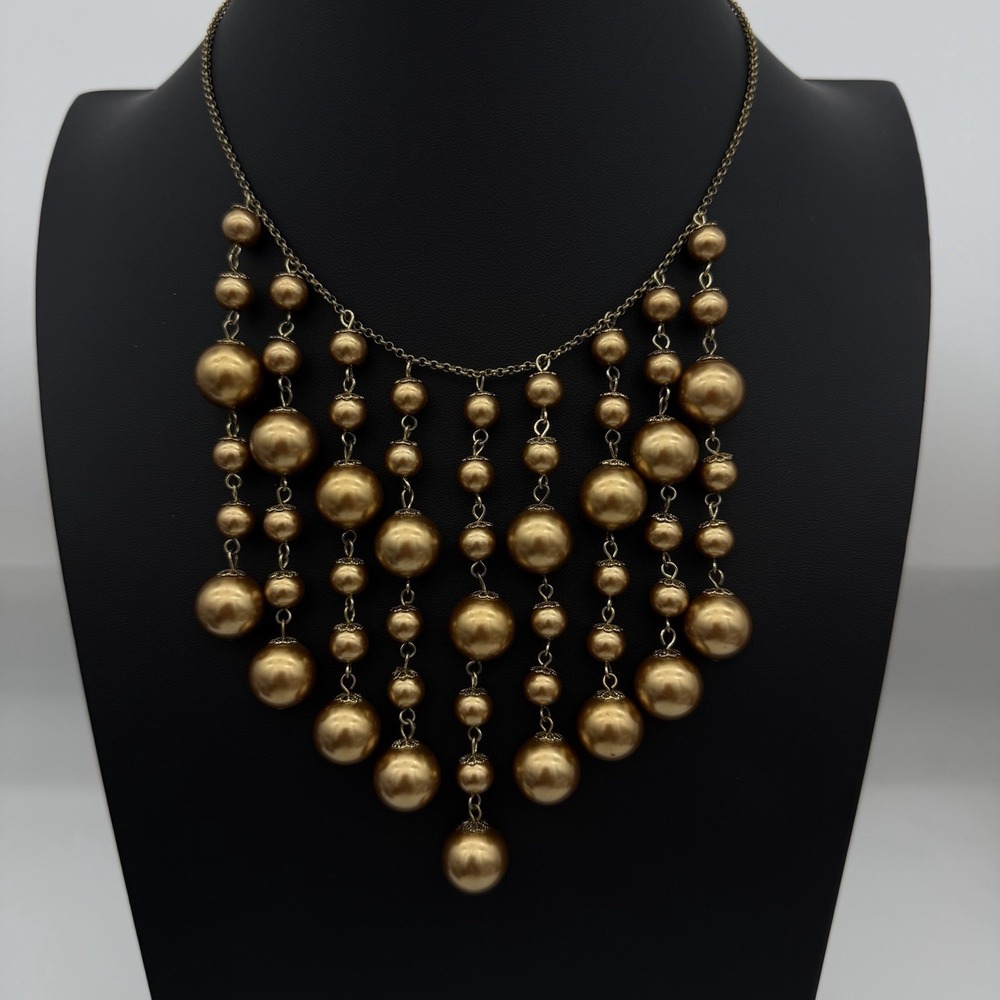 Fringe Necklace Ball Chain Dangle Tassel Gold Tone Pearly Glass Bead Heavy Large